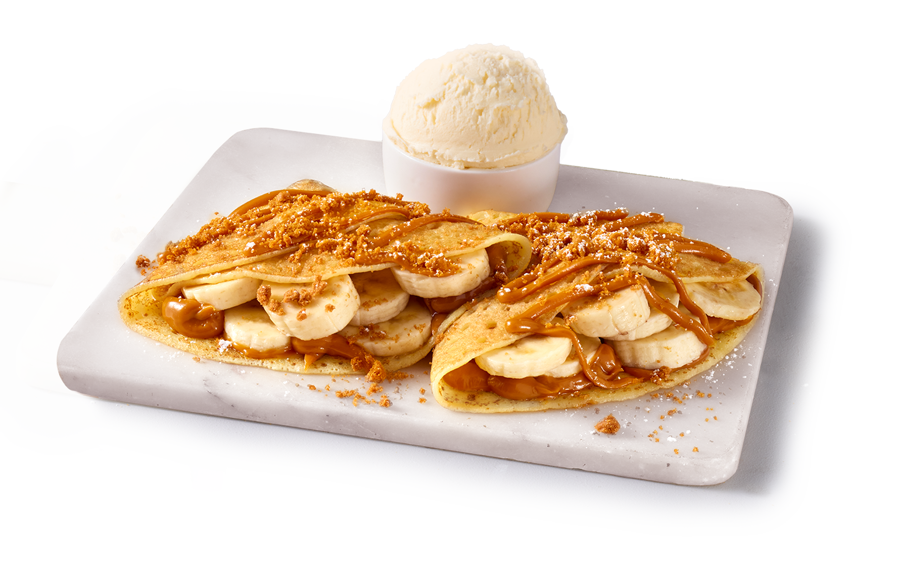 Banana Crepes Made with Biscoff® topping & cookie